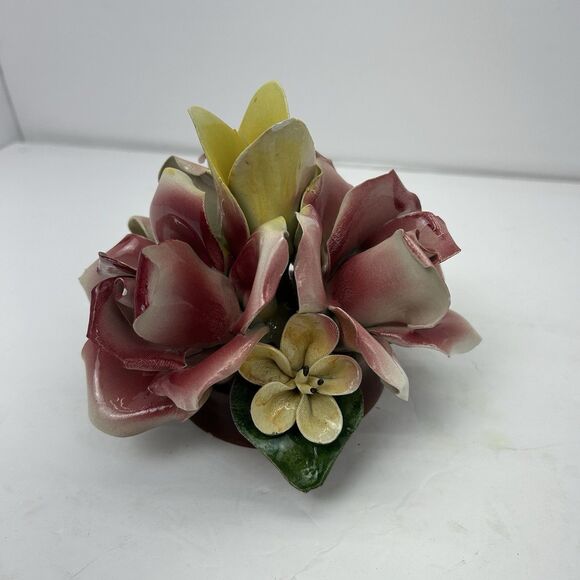 Capodimonte Porcelain Floral Arrangement Flower Basket Italy MCM Pink Yellow - Picture 3 of 15
